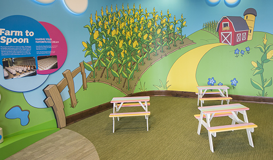 Children area with small benches and fun wallpaper